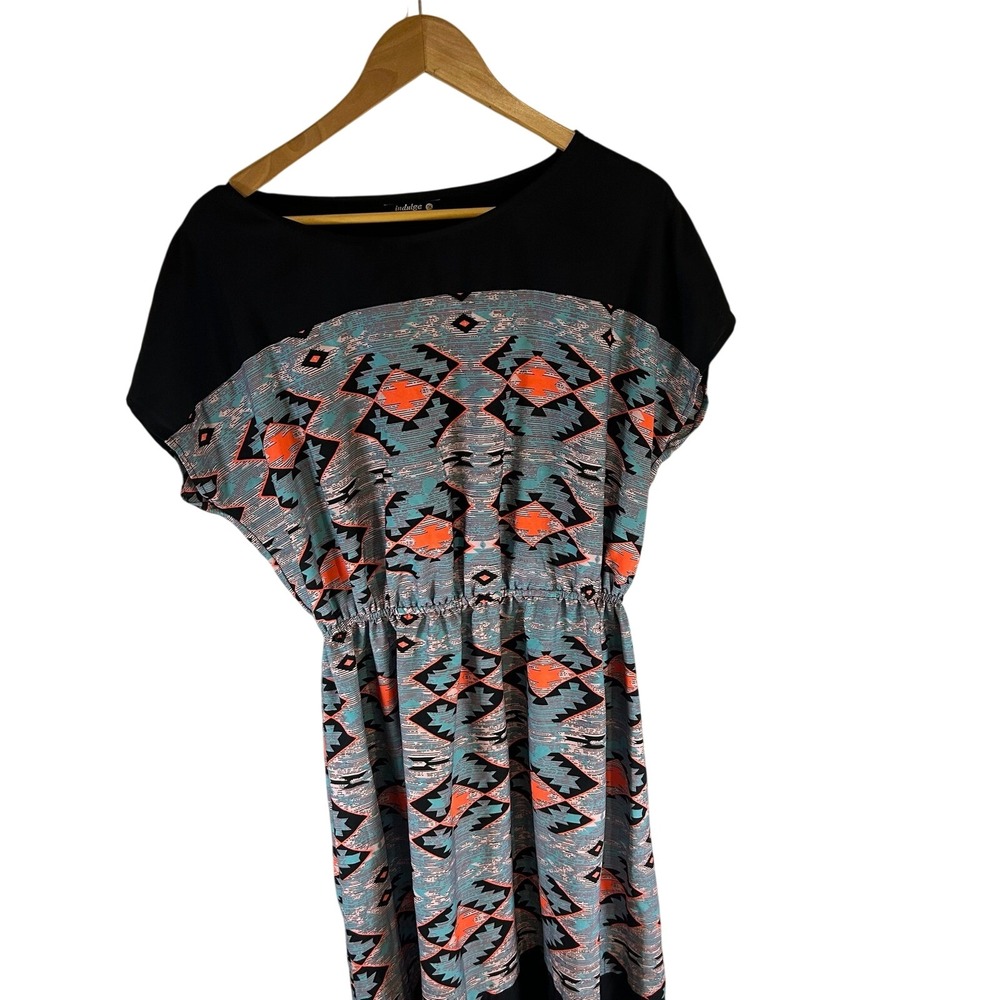 Black Geometric Print Boho Maxi Dress Casual Elastic Waist Size XL
